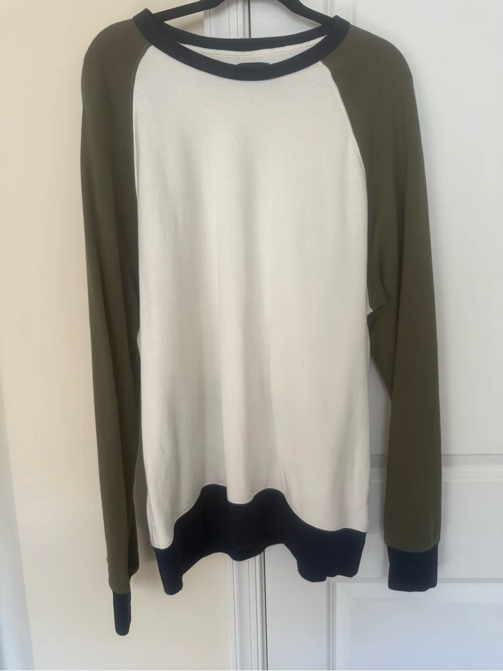 J. Crew Men's Raglan Crewneck Sweater in Olive, White & Black Trim